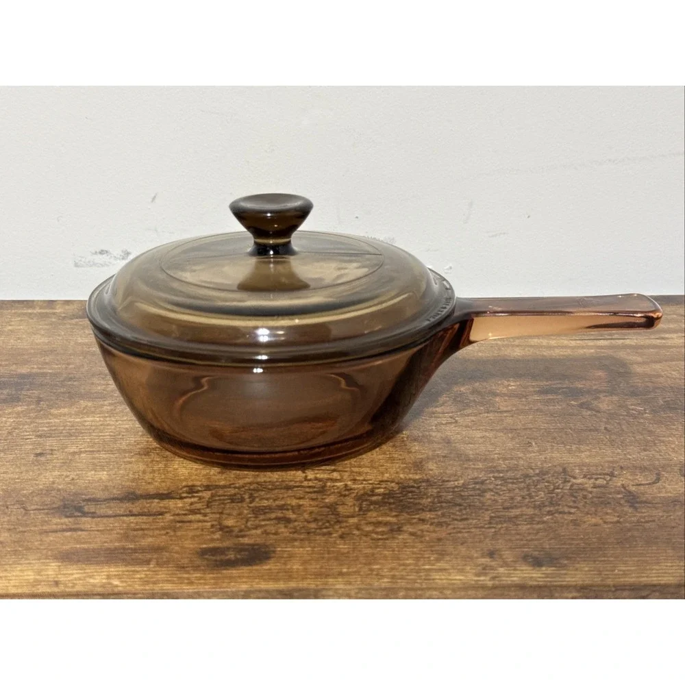 Vision Corning Ware Amber Pyrex Glass 0.5L Sauce Pan/Pot USA With Lid Used